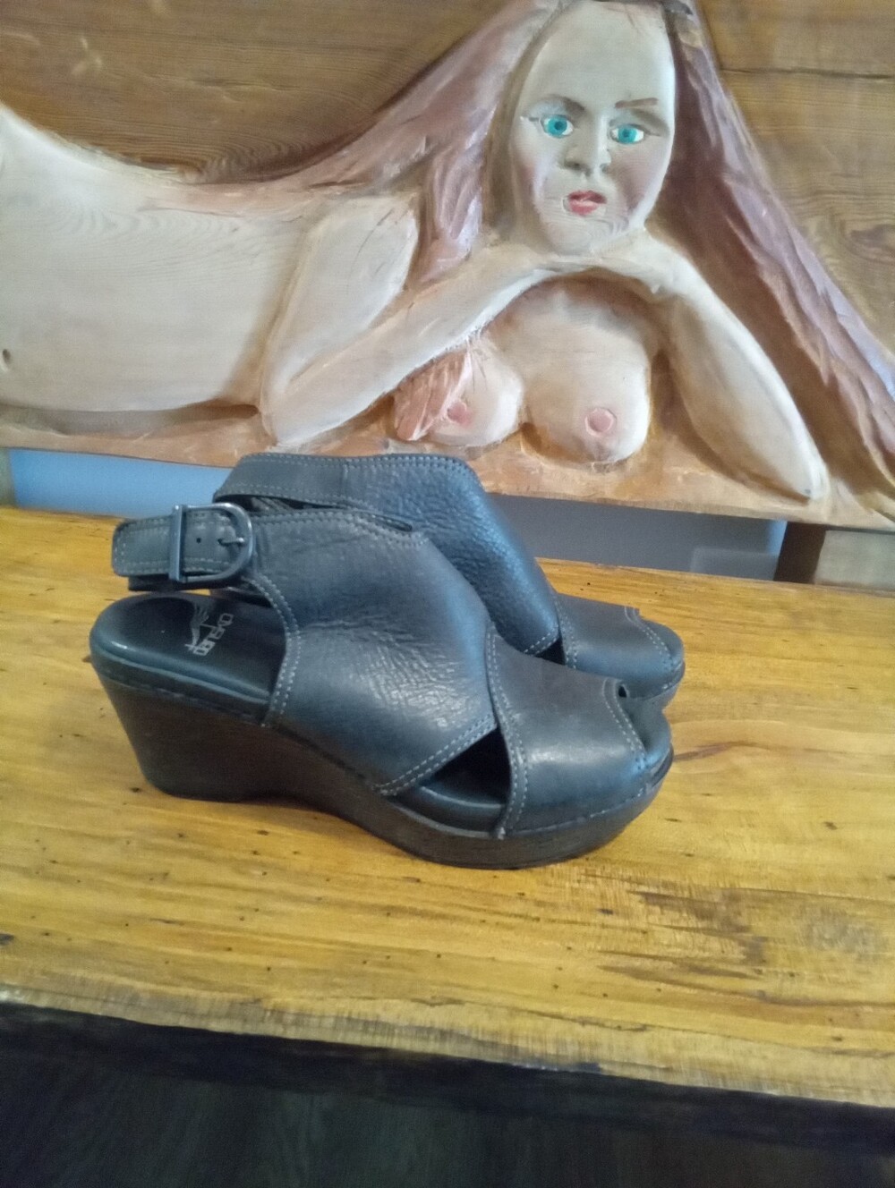 Dansko Vanda Size 37 (7-7.5) Black Leather Peep-Toe Wedge Slingbacks 3" Heel - Picture 4 of 13